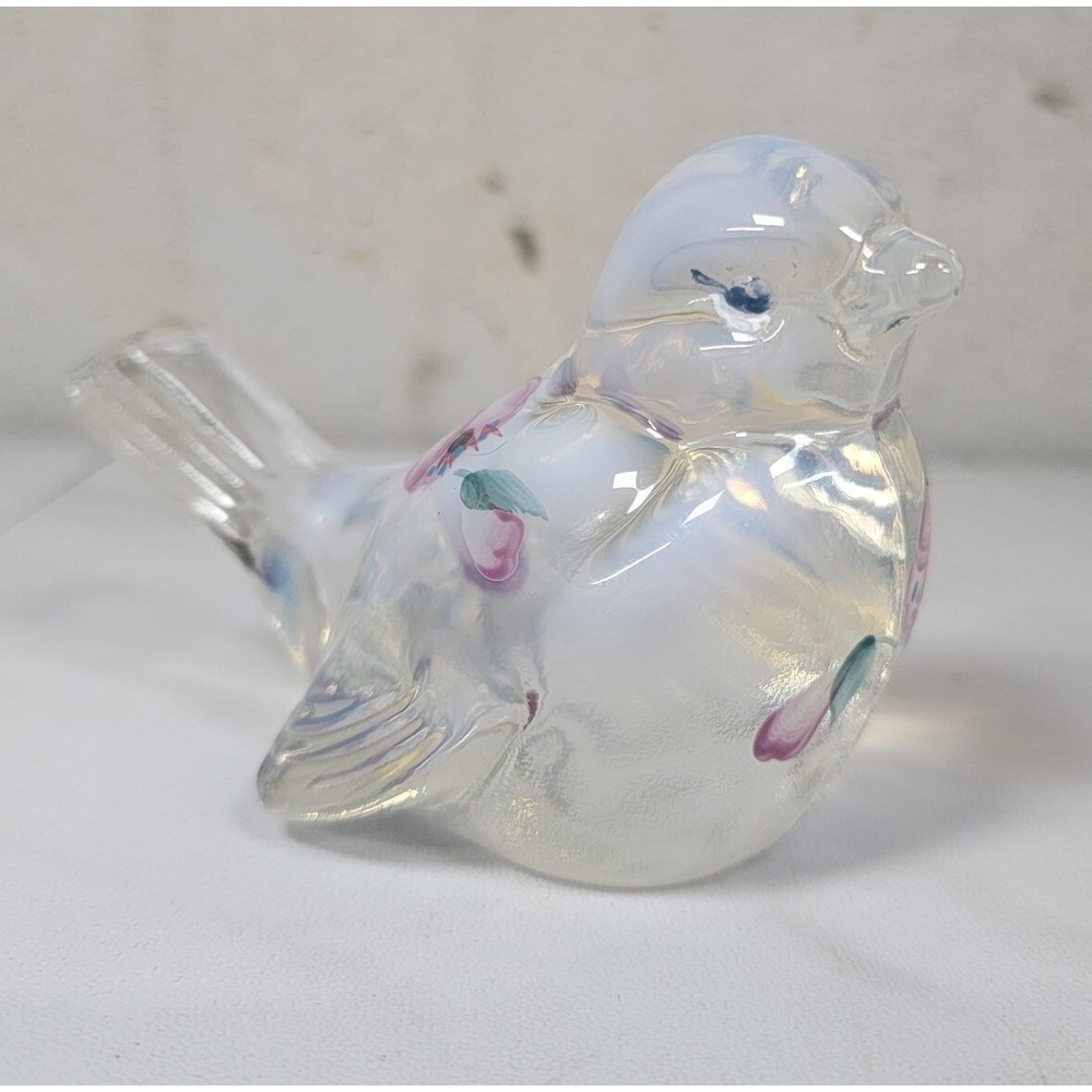 Fenton Art Glass Clear Opalescent Song Bird Hand Painted Floral Artist Signed